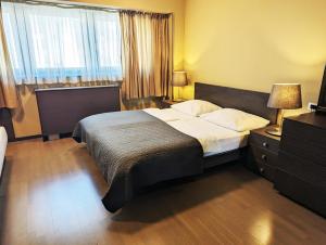 una camera con un grande letto e una finestra di Nitro Rooms a Lubiana