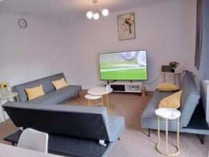 a living room with couches and a flat screen tv at Modern Spacious 4 Bed House-with Private Parking in Birmingham 