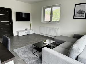 a living room with a couch and a table at Apartmány DEER House in Hodkovice nad Mohelkou