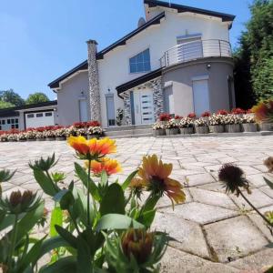 a house with flowers in front of it at Amazing Villa with pool nearby Shtime - Ferizaj in Ferizaj