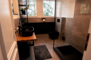 a bathroom with a sink and a toilet and a window at Eifel21 - stilvolles Haus in der Vulkaneifel in Bleckhausen +34 photos