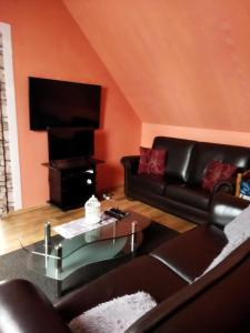 a living room with a black couch and a fireplace at Samostatný domeček in Klášterec nad Ohří