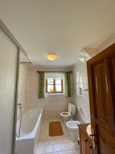 ein Badezimmer mit einer Badewanne, einem WC und einem Waschbecken in der Unterkunft Třetí chalupa U Smrčiny in Janské Lázně