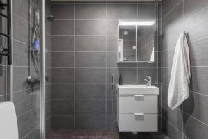 y baño con aseo, lavabo y ducha. en Studio - nearby centrum & metro, en Helsinki