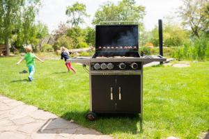 a barbecue grill in a yard with two children playing at Apartmány Penzion Kateřina in Nadějkov