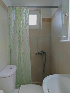 baño con cortina de ducha verde y aseo en Lovely Guesthouse On The Beach en Ayia anna