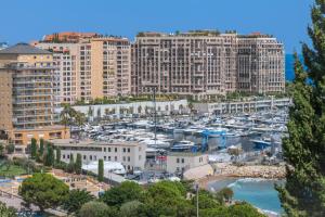 un puerto deportivo en una ciudad con edificios altos en Proche Monaco, vue mer et accès à la plage, en Saint-Antoine