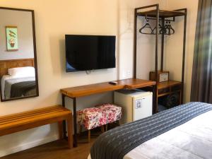 Zimmer mit einem Schlafzimmer mit einem Bett und einem TV in der Unterkunft Pousada Villa Allegra in Tiradentes