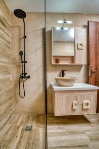 een badkamer met een douche, een wastafel en een spiegel bij Cloud 9 with Garden near the Sea in Agia Pelagia