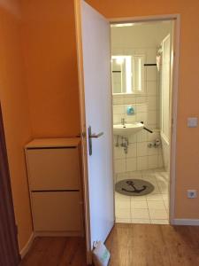 a bathroom with a shower and a sink at Ferienwohnung-Seemoewe in Schleswig