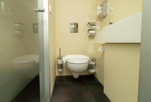 La petite salle de bains est pourvue de toilettes et d'un lavabo. dans l'établissement Hotel Düsseldorfer Hof, à Francfort-sur-le-Main