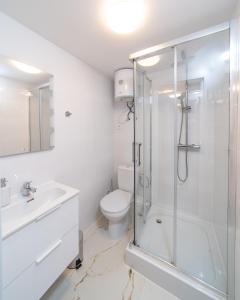 uma casa de banho com um chuveiro, um WC e um lavatório. em VIPoL Pokoje Biznesowe em Lódź