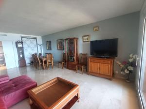 uma sala de estar com um sofá e uma televisão de ecrã plano em Los Granados de la Duquesa 112 em San Luis de Sabinillas