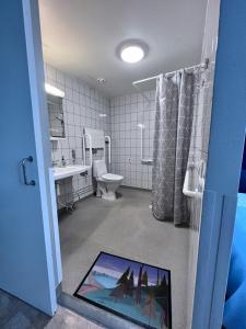 a bathroom with a toilet and a bathroom with a picture on the floor at Tapanilan Huoneistot in Lahti