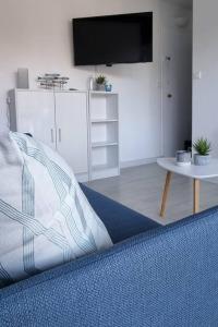 een woonkamer met een bank en een tv bij Océan bleu - Studio bord de plage in La Baule