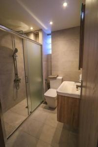 a bathroom with a shower and a toilet and a sink at East & West Seaside Apartments in Gialtra