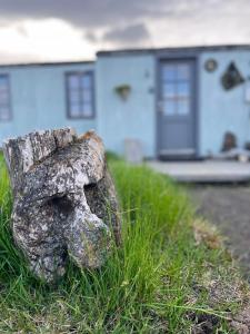 a rock in the grass in front of a house at Slow Travel Mývatn - Óli's Homestay-Private house v in Myvatn