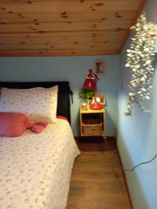 ein Schlafzimmer mit einem Bett und einem Tisch mit einer Lampe in der Unterkunft Adamello in Aprica