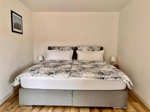 バンベルクにあるShining apartment in Bambergのベッドルーム(白い枕の大型ベッド1台付)