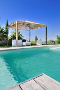 a pool with an umbrella and a table and chairs at Antico Borgo in Arcevia
