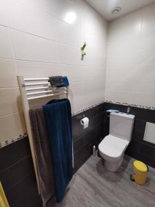 a bathroom with a toilet and a blue towel at Ferme rénovée à 7mn de Périgueux in Champcevinel
