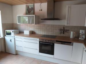 eine Küche mit weißen Schränken und einem Herd mit Backofen in der Unterkunft Ferienwohnung im Molsbachtal in Happurg