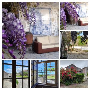 a collage of pictures of a room with purple flowers at Casa da Varanda in Carreço