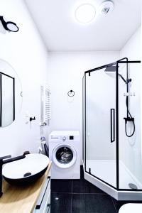 y baño con lavabo y lavadora. en Apartament Wiedeński de LUX, en Bielsko-Biala