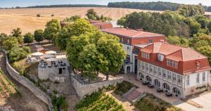 an aerial view of a large building with a tree at Weinberghotel Edelacker in Freyburg