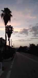 an empty street with palm trees on the side of the road at Vivari's Family House in Nafplio