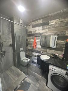 a bathroom with a shower toilet and a sink at Family Inn in Gonio