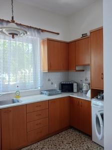 cocina con armarios de madera, fregadero y microondas en Vivari's Family House, en Nauplia