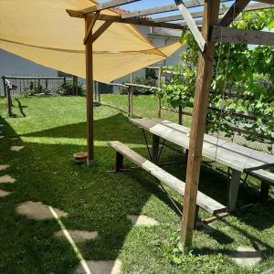 ein Picknicktisch und ein Regenschirm im Gras in der Unterkunft Peter Pan in Castellino Tanaro