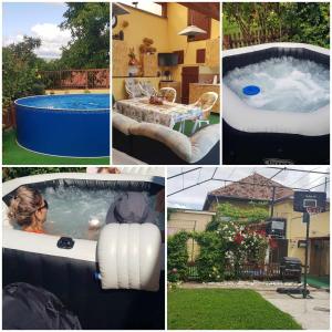 a collage of four pictures of a jacuzzi at Rózsa apartman in Odorheiu Secuiesc