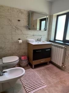 a bathroom with a sink and a toilet and a mirror at Apartament GEAVIDAN in Eforie Sud