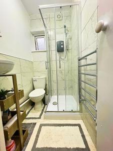 a bathroom with a shower and a toilet at Opal Apartment in Leicester