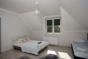 um quarto branco com uma cama e uma janela em Pan Tadeusz em Zwierzyniec