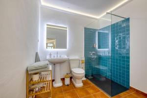 a bathroom with a toilet and a glass shower at Casa Trebaruna - refúgio numa aldeia do interior in Proença-a-Velha