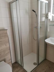 a glass shower in a bathroom with a sink at Alpengasthof Fernblick in Mönichkirchen