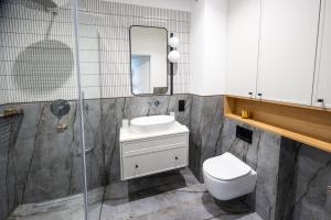 y baño con lavabo, aseo y ducha. en Apartament Zoja II, en Elbląg