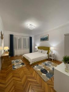 CityViews Apartment Cluj في كلوي نابوكا: غرفة نوم بسرير وسجادة