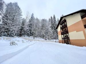 a snow covered road in front of a building at Agi’s Apartment Predeal in Predeal