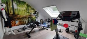 une salle de sport avec un tapis de course et un tableau dans l'établissement Haus im Grünen, à Lingen