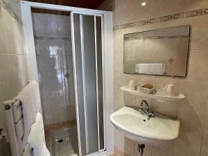 a bathroom with a shower and a sink and a mirror at Hotel Les Granits in Combloux