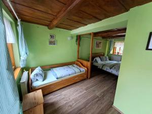 two beds in a room with green walls and wooden floors at Kamélie in Česká Kamenice +19 photos