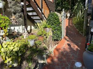 a garden with potted plants on a brick sidewalk at Apartment Downstairs Sedgefield in Sedgefield