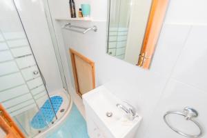 a bathroom with a shower and a toilet and a sink at Villa Ioanna in Symi