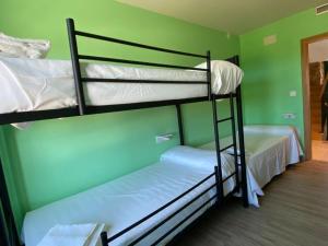 2 łóżka piętrowe w pokoju z zieloną ścianą w obiekcie O TEU SITIO w mieście Ribadeo