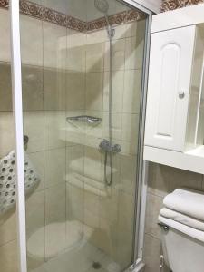 a shower with a glass door in a bathroom at Hotel y Cabañas Huallilemu Sur - Caja Los Andes in El Quisco