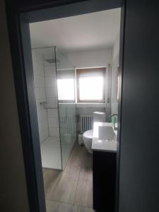 La salle de bains est pourvue d'une douche, de toilettes et d'un lavabo. dans l'établissement Ferienwohnung Waldbröl, à Waldbröl